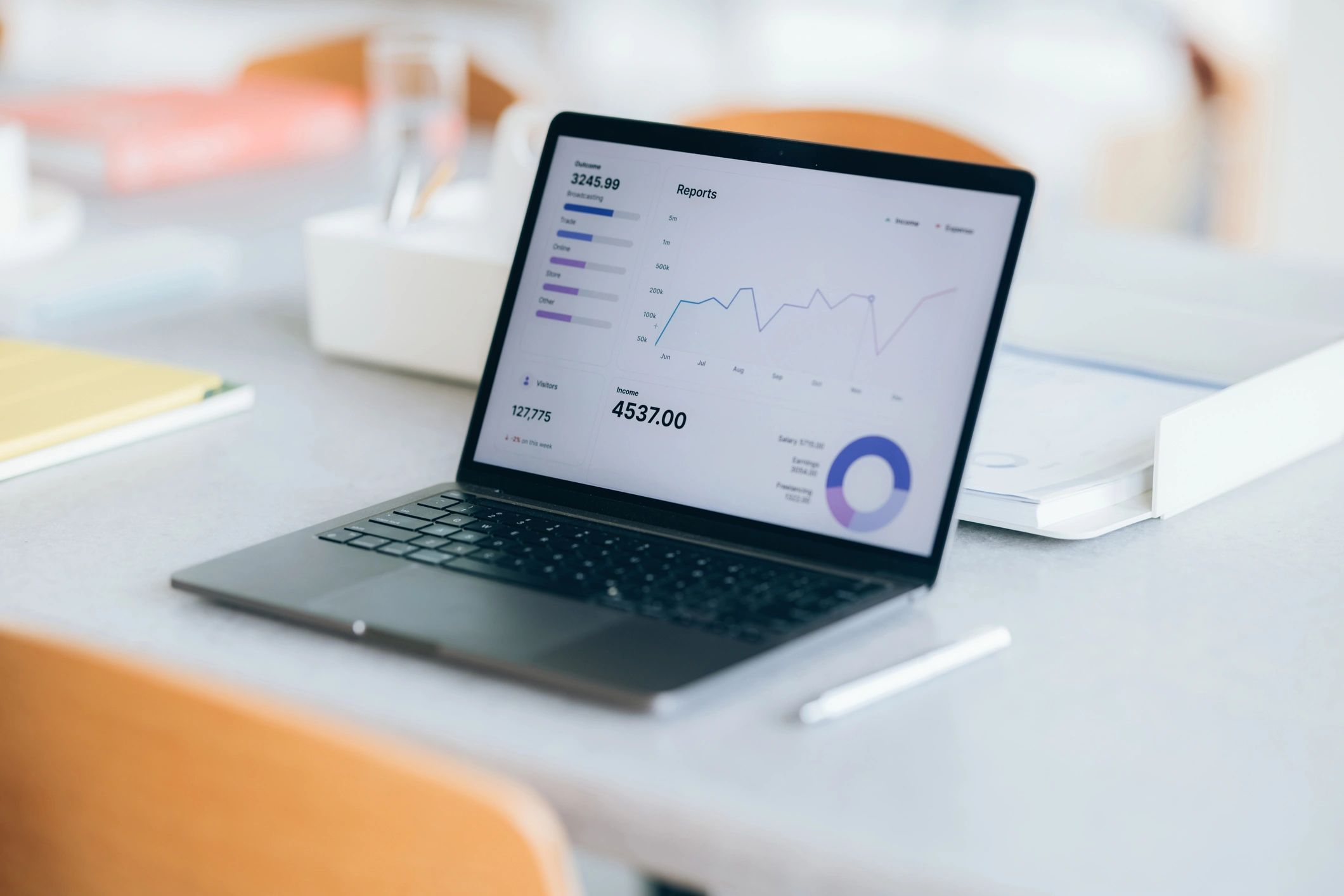 Laptop displaying analytics dashboard on a modern desk